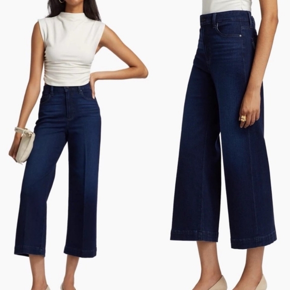 Paige Genesee Crop Jeans Wide Leg Blue Dark Wash High Rise Stretch Denim - Picture 1 of 7